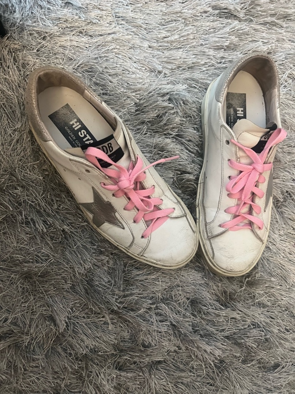 Golden Goose White Leather Hi-Star Sneakers with Metallic Silver Star - Picture 7 of 8